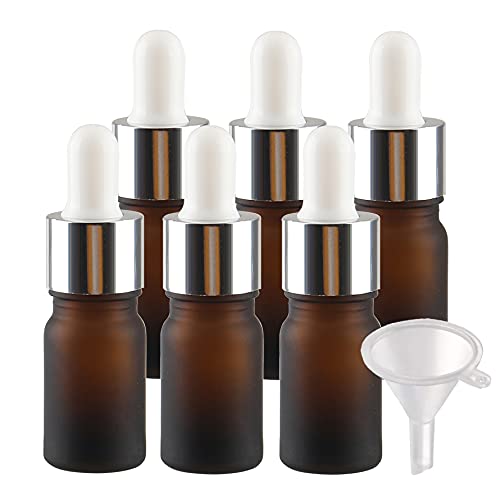 BasicPacking 6 Stück 5ml Matt Braunglas Pipettenflasche, Leere Kleine Bernstein Glasflasche mit Weiß/Silber Pipette, Glaspipette Tropfflasche für Aromatherapie ätherische Öle + 1x Trichter von BasicPacking