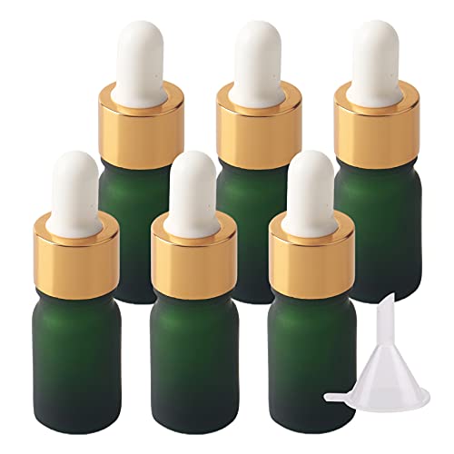 BasicPacking 6 Stück 5ml Matt Grünglas Pipettenflasche, Leere Kleine Grün Glasflasche mit Weiß/Gold Pipette, Glaspipette Tropfflasche für Aromatherapie ätherische Öle + 1x Trichter von BasicPacking