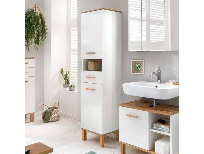 Bad Hochschrank in Weiß und Eichefarben Skandi Design von Basilicana