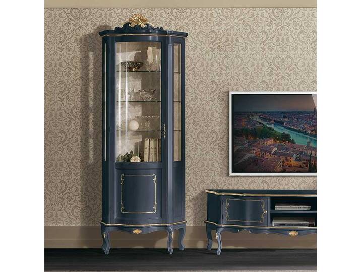 Barockstil Vitrine in Dunkelblau und Goldfarben verziert 80 cm breit von Basilicana