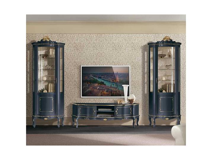 Barockstil Wohnwand in Dunkelblau und Goldfarben verziert 325 cm breit (dreiteilig) von Basilicana