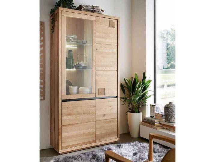 Esszimmervitrine Standvitrine mit Hirnholz Applikation 205 cm hoch von Basilicana