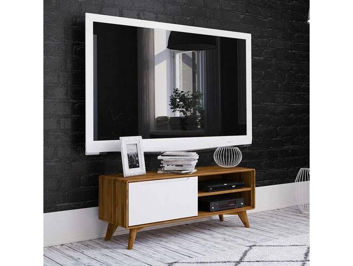 Fernsehertisch in Weiß und Wildeiche 120 cm breit von Basilicana