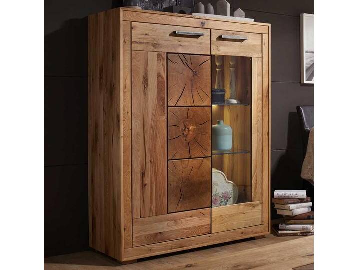 Highboard Vitrine aus Wildeiche Massivholz 135 cm hoch von Basilicana