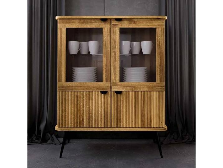 Highboard mit Glastüren aus Wildeiche Massivholz Stahl von Basilicana