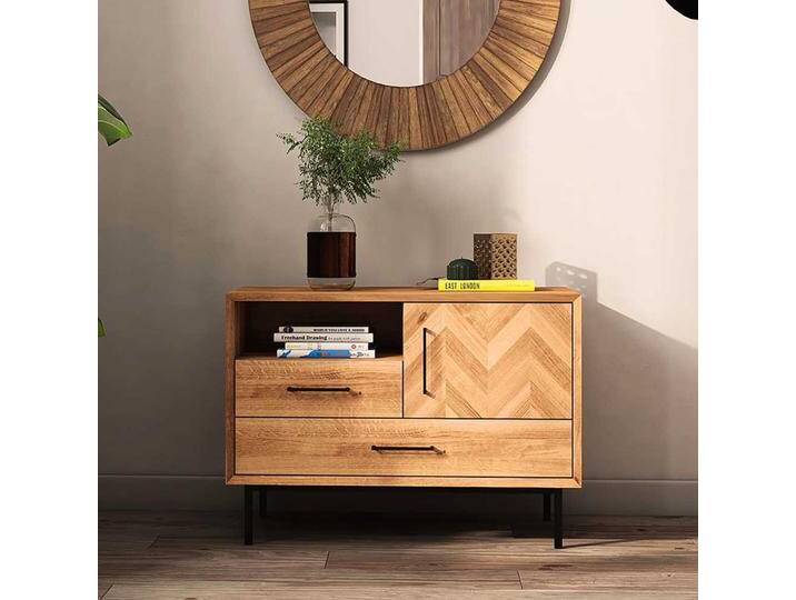 Kleine Kommode, Braun, 97x65x45 cm, Wildeiche Massivholz & Stahl, 1-Türig, Skandinavisch, Basilicana Kleine Kommode, Braun, 97x65x45 cm, Wildeiche Massivholz & Stahl, 1-Türig, Skandinavisch, Basilicana von Basilicana