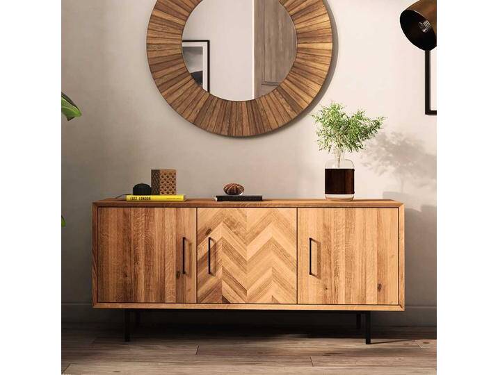 Sideboard, Braun, 144x65x45 cm, Wildeiche Massivholz & Stahl, 3 Drehtüren, Skandinavisch, Basilicana Sideboard, Braun, 144x65x45 cm, Wildeiche Massivholz & Stahl, 3 Drehtüren, Skandinavisch, Basilicana von Basilicana