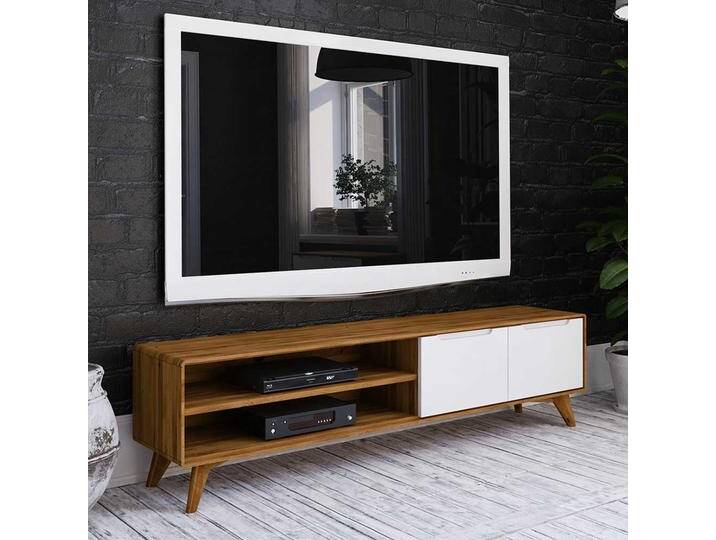 TV Lowboard in Weiß und Wildeiche 180 cm breit von Basilicana