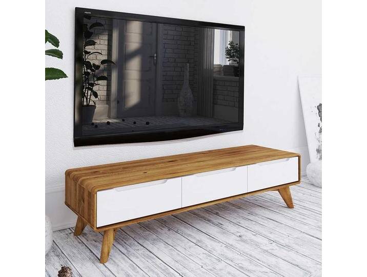 TV Lowboard in Weiß und Wildeiche drei Schubladen TV Lowboard in Weiß und Wildeiche drei Schubladen von Basilicana