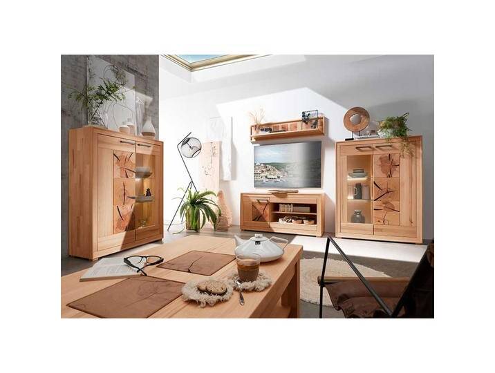 Wohnwand Massivholz Kernbuche in modernem Design 135 cm hoch (vierteilig) von Basilicana