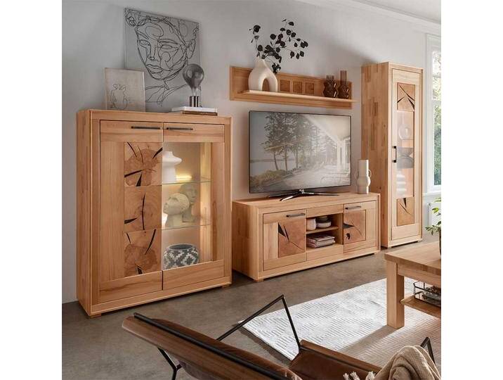 Wohnwand Vollholz Kernbuche mit Metallgriffen 201 cm hoch (vierteilig) von Basilicana