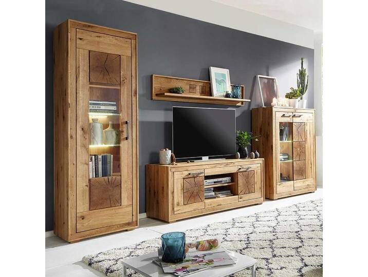 Wohnzimmer Anbauwand aus Wildeiche Massivholz rustikalen Look (vierteilig) von Basilicana