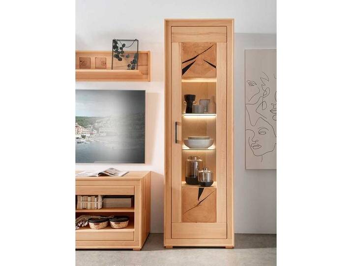 Wohnzimmer Vitrine massiv Kernbuche mit Hirnholz 201 cm hoch von Basilicana