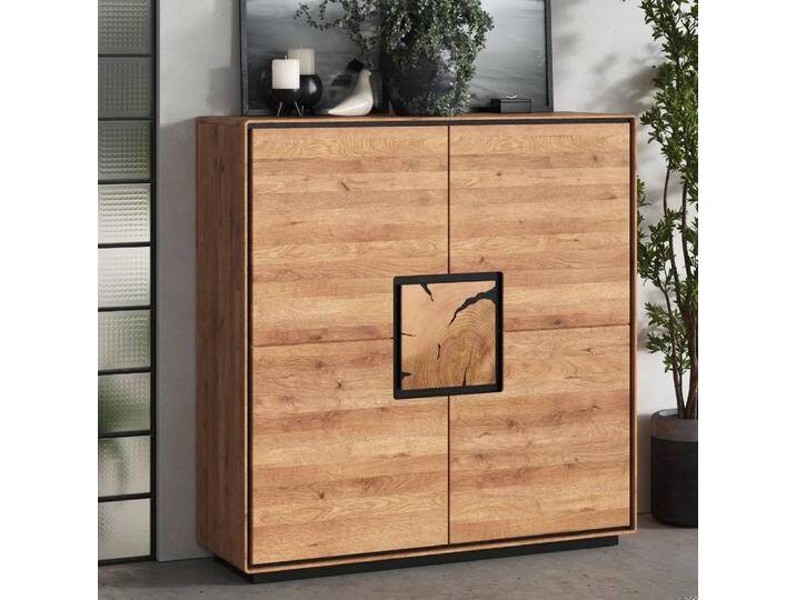 Wohnzimmerschrank Holzschrank massiv in Wildeichefarben mit Hirnholz Applikation von Basilicana