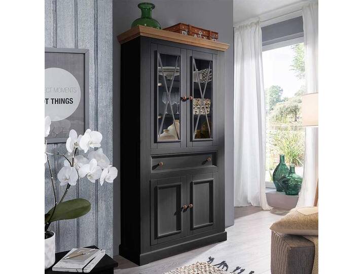 Wohnzimmervitrine in Grau und Eichefarben Kiefer Massivholz von Basilicana