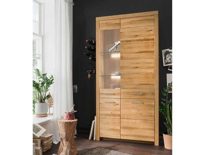 XL Wohnzimmervitrine aus Wildeiche Massivholz Glastür links von Basilicana