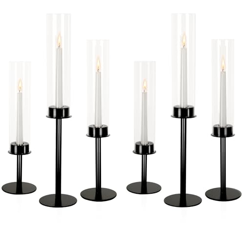 Basitys Schwarz Hurricane Kerzenständer 6 Set Metall Kerzenhalter Stabkerze mit Glaszylinder Stabkerzenhalter mit Windlicht Glas Kerzenleuchter für Weihnachten, Hochzeit, Abendessen (6, Schwarz) von Basitys