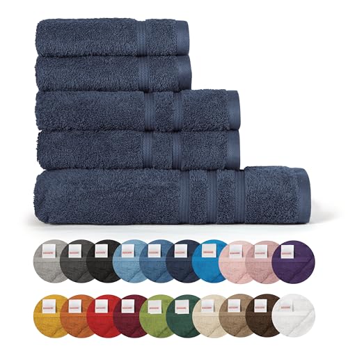 Bassetti Weiches Handtuch 480 g, 100 % Baumwolle, 5-teiliges Set (2 x 58 x 105 cm + 2 x 38 x 55 cm + 1 x 70 x 140 cm) - Kollektion MONIQUE - Blau DC von Bassetti