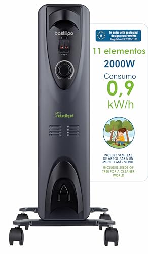 Bastilipo - RC-ECOFLUID-11 - Kompakter, umweltfreundlicher Heizkörper mit H2O Natural Liquid, extra energiesparend, 2000 W, 0,9 kW/h, 11 Elemente, c/Thermostat, schwarz von Bastilipo