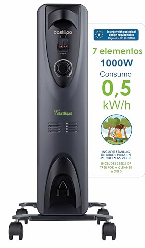 Bastilipo - RC-ECOFLUID-7 - Kompakter, umweltfreundlicher Heizkörper mit H2O Natural Liquid, extra energiesparend, 1000 W, 0,5 kW/h, 7 Elemente, c/Thermostat, schwarz von Bastilipo