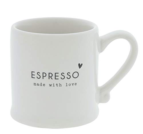 BC Espressotasse mit Henkel ESPRESSO made with love aus weißem Keramik mit schwarzer Schrift Keramikgeschirr Espresso Küche Frühstück Gedeckter Tisch von Bastion Collections