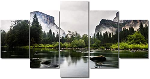Kunstdruck 5 Panel Natur Fluss Um Berg Schöne Waldlandschaft Panorama Landschaft Dekor Bilder Leinwand Gemälde Walld Rahmenlos 200x100cm von BatTtx