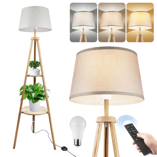 BatdTech Stehlampe mit Fernbedienung & Fußschalter - Dimmbar, 3 Farbtemperaturen, Timer, Regal, Dreifuß Holz - Für Wohnzimmer, Schlafzimmer, Büro von BatdTech