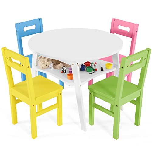 Bateso Kindersitzgrupp, Kindertisch mit 4 stühlen, Holz runden Kinder Tisch Stuhl Set mit großem Stauraum, 5-teilige Kindermöbel Set für Haus, Kindertagesstätte, Spielzimmer, Kindergarten von Bateso