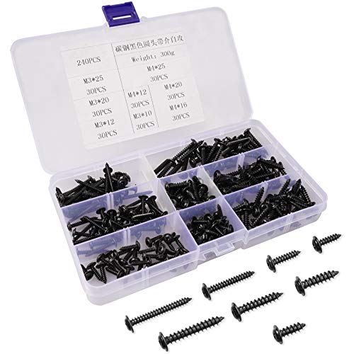 240 Stück Linsenkopf-Blechschrauben，M3 M4 schwarze Blechschrauben Sets Rundkopf Kreuz-Senkkopf-Maschinenschrauben Befestigungsteil 10mm/12mm/16mm/20mm/25mm von Bateya