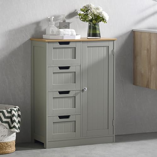 Bath Vida Badezimmerschrank mit 4 Schubladen, Aufbewahrungsschrank aus Holz mit 1 Tür, höhenverstellbares Regal (Grau und Eiche) von Bath Vida
