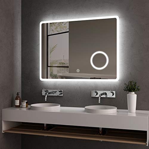 KOBEST Bad Spiegel mit LED Beleuchtung 80 x 60 cm Badspiegel Badezimmerspiegel mit Touch-Schalter, Schminkspiegel mit 3X Vergrößerung und Beschlagfrei [Energieklasse A+] P44 - kaltwei von KOBEST