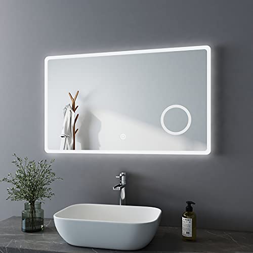 Bath-Mann LED Badspiegel 100x60cm mit Beleuchtung Kaltweiß Badezimmerspiegel Spiegel mit Touch Lichtschalter, 3X Vergrößerung Lupe Schminkspiegel Wandspiegel Horizontal Lichtspiegel 6400K von KOBEST