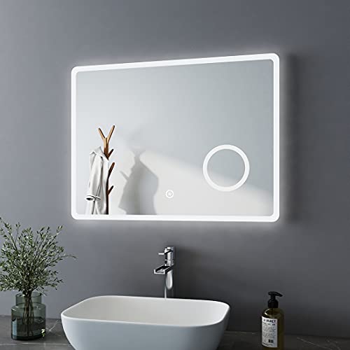 Bath-Mann LED Badspiegel 80x60cm mit Beleuchtung Kaltweiß Badezimmerspiegel Spiegel mit Touch Lichtschalter, 3X Vergrößerung Lupe Schminkspiegel, Beschlagfrei, Wandspiegel Horizontal von KOBEST