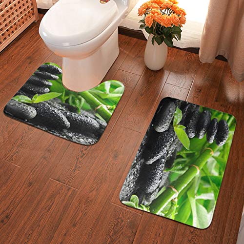 Badematten-Set, 2-teilig, rutschfeste WC-Vorleger und Badematte für Badezimmerboden (grüner Bambus und schwarze Steine) von BathWang
