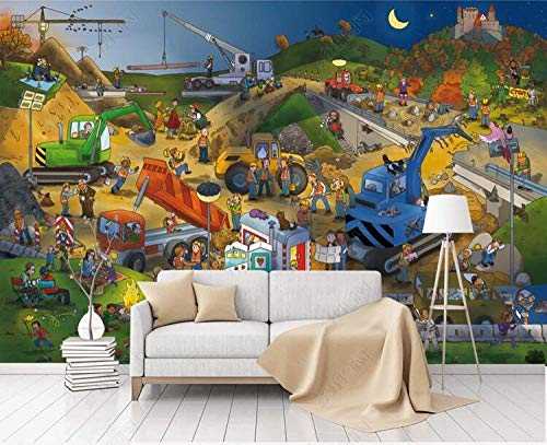 Benutzerdefinierte 3D-Fototapete Cartoon Baustelle Arbeiter Kinderzimmer Wandbild Hintergrundwand-200Cmx140Cm von Bathet