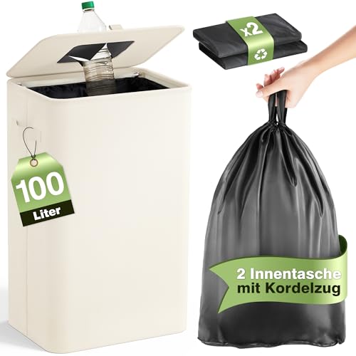 Pfandflaschen Sammelbehälter mit Deckel 100L, Groß Pfandflaschen Behälter mit 2 Tragetasche, Flaschensammler Leergut für Plastik- und Glasflaschen, Pfandbehälter mit Einwurf, Beige von Bathola
