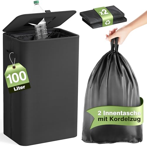 Pfandflaschen Sammelbehälter mit Deckel 100L, Groß Pfandflaschen Behälter mit 2 Tragetasche, Flaschensammler Leergut für Plastik- und Glasflaschen, Pfandbehälter mit Einwurf, Schwarz von Bathola