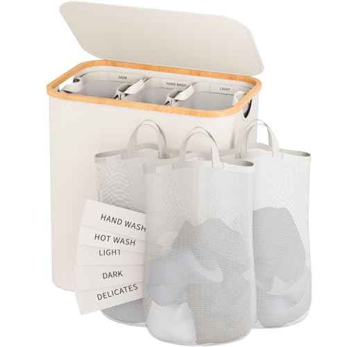 Wäschekorb mit 3 Fächern, 145 l, Schmutzwäschekorb mit Deckel, extra großer Wäschekorb mit herausnehmbaren Innentaschen und Etiketten für Waschküche, Schlafzimmer, Beige von Bathola