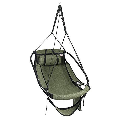 Bathonly Hängesessel mit Fußstütze, Sky Chair mit Metallstange, Hängeschaukel, Hängestuhl Outdoor Mit Seitentasche, Getränkehalter, Stützkissen, bis 150 Kg Belastbar, Grün von Bathonly