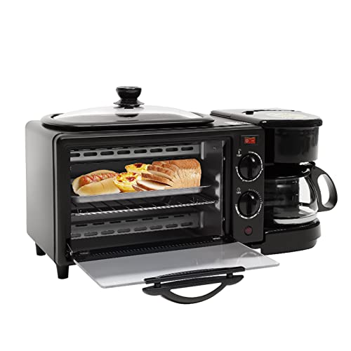 3-in-1-Mini Backofen|Bratpfanne mit Kaffeekanne-Frühstücksmaschine, 1050W Multifunktionaler Mini-Backofen, Grill, Pizzaofen, Kaffeemaschine, Schwarz Mini-Öfen von Bathrena