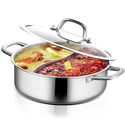 YMTDZ Geteilte Hot Pot Pfanne, Edelstahl 304 in Lebensmittelqualität mit Trenndeckel für Induktionskochfelder, Doppelseitiges Suppenkochgeschirr mit 2 Suppenkellen (32cm) von Bathrena