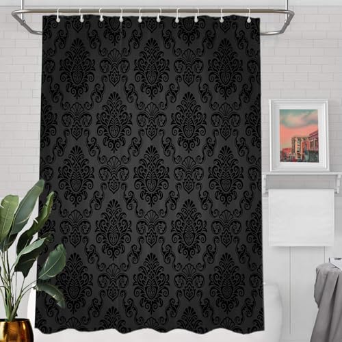 Batmerry Black Gothic Grey Dark Decor Shower Curtain,Flourish Damask Gray On Black Bathroom Decor Polyester Fiber Plastic Rings Quick-Drying Waterproof for Bathtubs/Bathroom, 72x60 inches von Batmerry