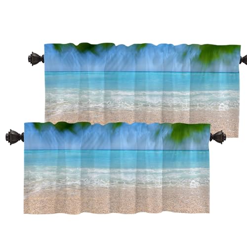 Batmerry Blue Ocean Tropical Beach Valances Half Window Curtain, Blurred Summer Background with Lighting Bokeh On The Sea Kitchen Valances for Bedroom Heat Insulated for Decor Set of 2 52x18 Inch von Batmerry