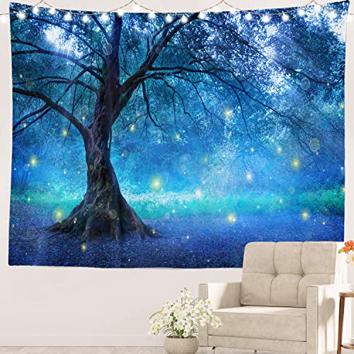 Batmerry Hellblauer Wandteppich, mystische Fantasie, Waldblau, Natur-Picknick-Matte, Strandtuch, Wandkunst, Dekoration für Schlafzimmer, Wohnzimmer, Schlafsaal, 130 x 150 cm, Hellblau von Batmerry