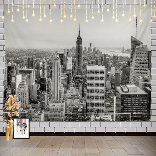 Batmerry New York City Skyline USA Tapestry, New York City Skyline in Black and White Hippie Trippy Tapestry Wall Art Decor for Bedroom Living Room, 59.1 x 82.7 Inches von Batmerry