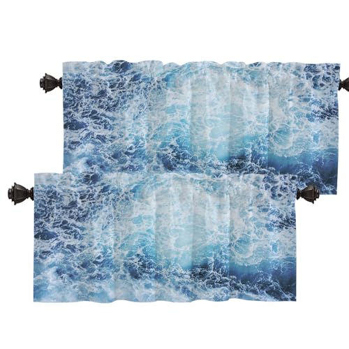 Batmerry Ocean Wave Blue Earth Sea Kitchen Valances Half Window Curtain, Ocean Waves Patterns Kitchen Valances for Windows Bedroom Heat Insulated Valance for Decor Reducing The Light 52x18 Inch von Batmerry