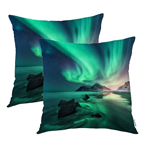 Batmerry Polar Lights Throw Pillow Covers,Green Aurora Borealis in Lofoten Islands Decorative Pillow Covers Digital Printing Blended Fabric for Couch Sofa Bed Invisible Zipper 20X20 in von Batmerry