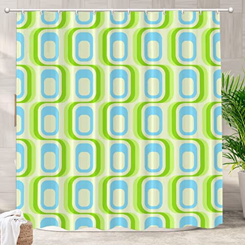 Batmerry Retro-Duschvorhang, grün-blau, 70er-Jahre-Jahre, Wellen in Blau und Grün, quadratischer Duschvorhang, wasserdichter Stoff-Duschvorhänge für Badezimmer mit 182,9 x 182,9 cm. von Batmerry