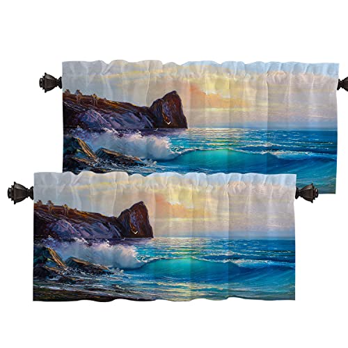 Batmerry Sea Oil Painting Valance Curtains, Sea and Beach On Canvas Golden Sunset Window Treatment Kitchen Valances Multilayer Polyester Blackout for Living Room/Bathroom, 2 Pack 52x18 inches von Batmerry