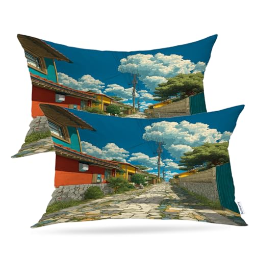 Batmerry Serene Neighborhood Bunte Häuser-Überwurf-Kissenbezüge, Kopfsteinpflaster, klarer Himmel, dekorative Kissenbezüge, Digitaldruck, gemischt, für Couch, Sofa, Bett, unsichtbarer Reißverschluss Batmerry Serene Neighborhood Bunte Häuser-Überwurf-Kissenbezüge, Kopfsteinpflaster, klarer Himmel, dekorative Kissenbezüge, Digitaldruck, gemischt, für Couch, Sofa, Bett, unsichtbarer Reißverschluss von Batmerry